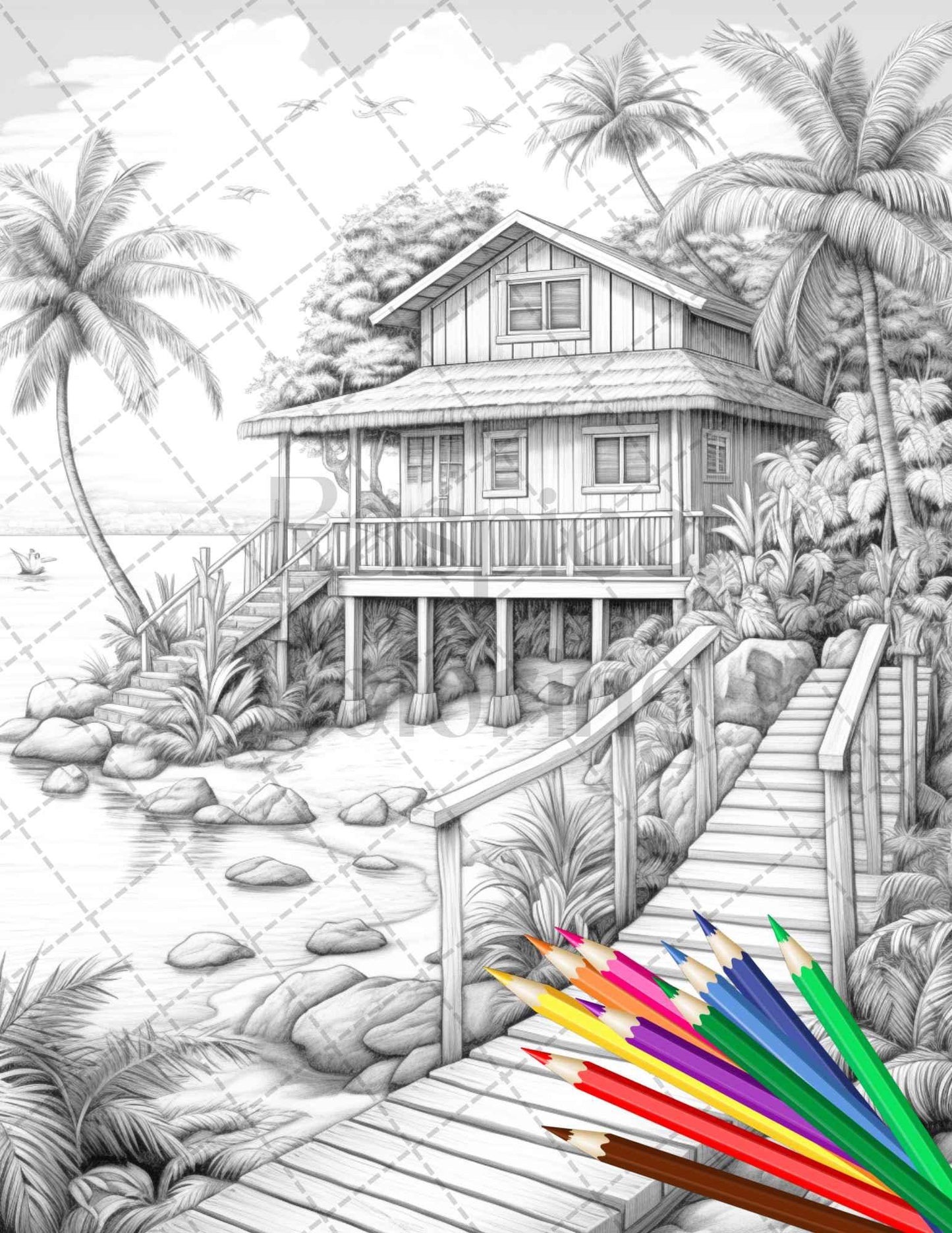 Beautiful Tropical Beach Grayscale Coloring Pages Printable for Adults, PDF File Instant Download