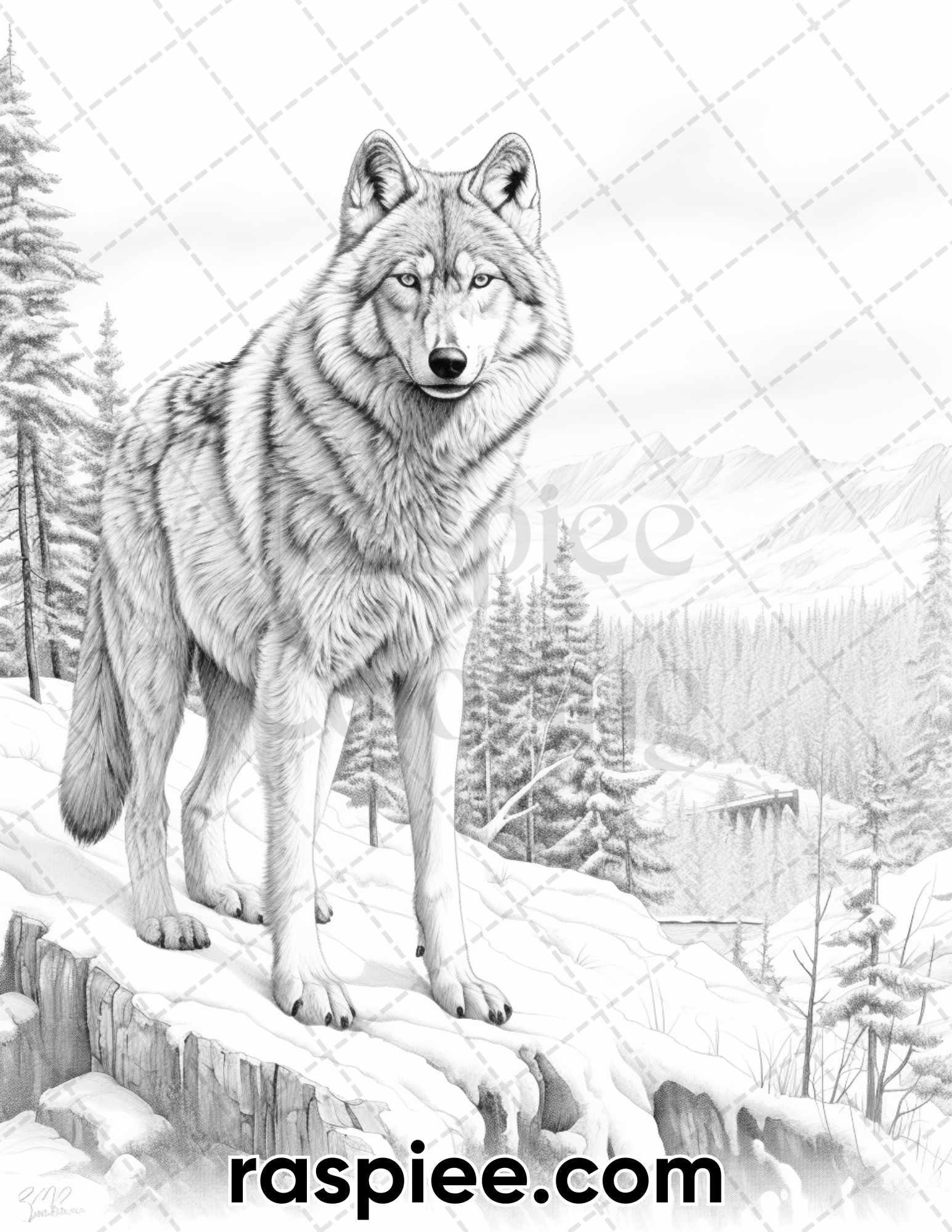 50 Winter Wolf Grayscale Coloring Pages for Adults, Printable PDF Instant Download
