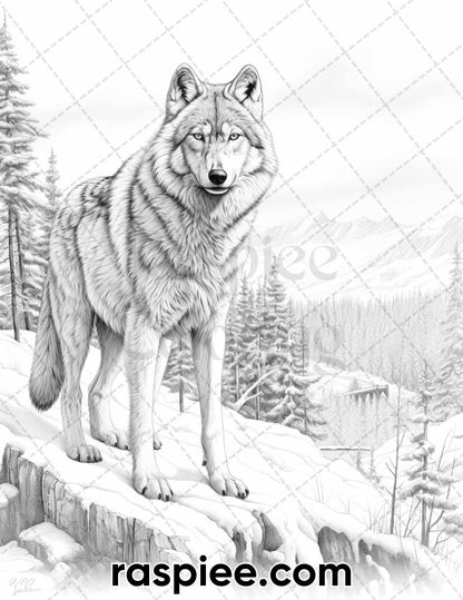 50 Winter Wolf Grayscale Coloring Pages for Adults, Printable PDF Instant Download