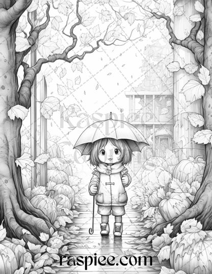 40 Rainy Autumn Day Grayscale Coloring Pages Printable for Adults and Kids, PDF File Instant Download