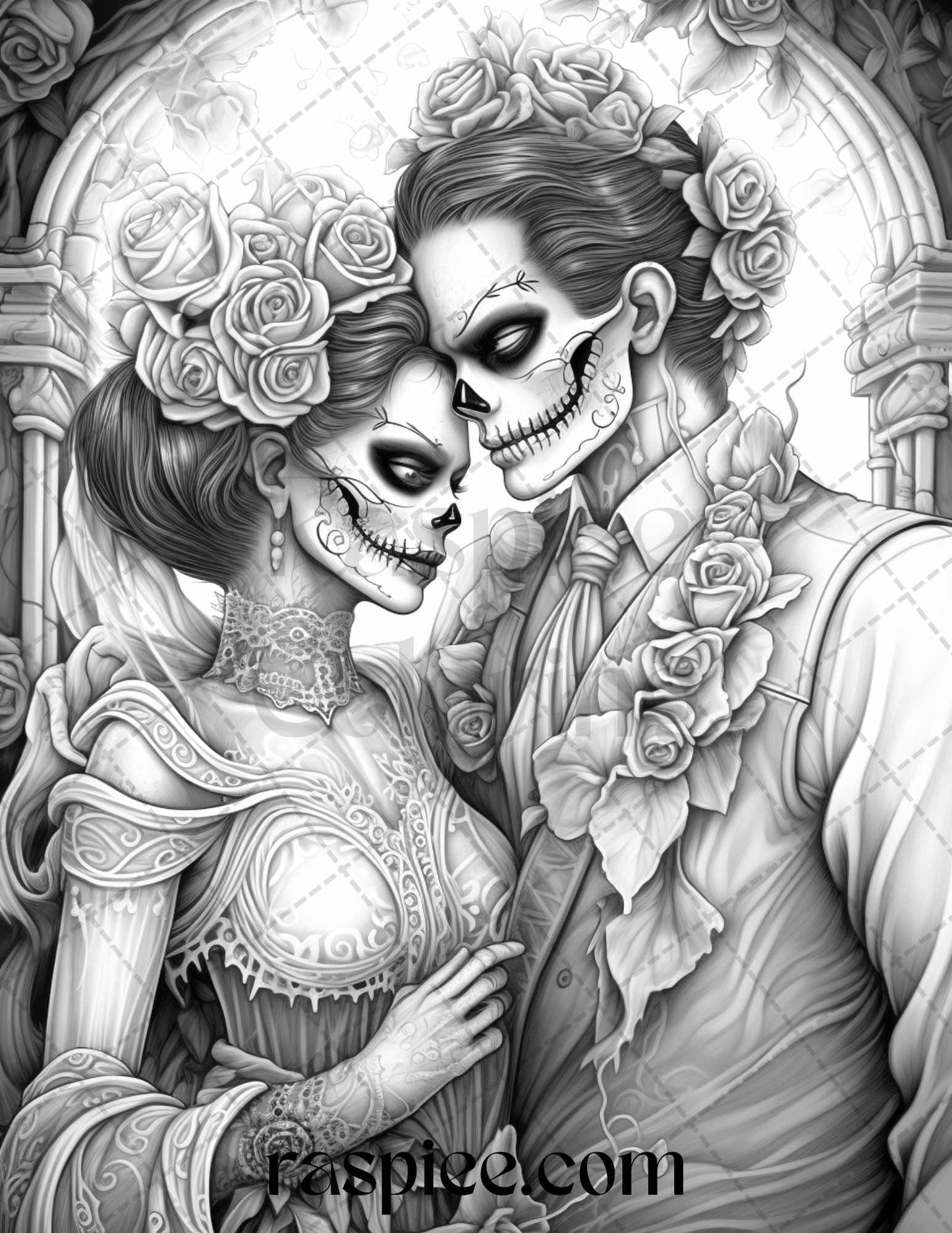 50 Day of the Dead Grayscale Coloring Pages Printable for Adults, PDF File Instant Download