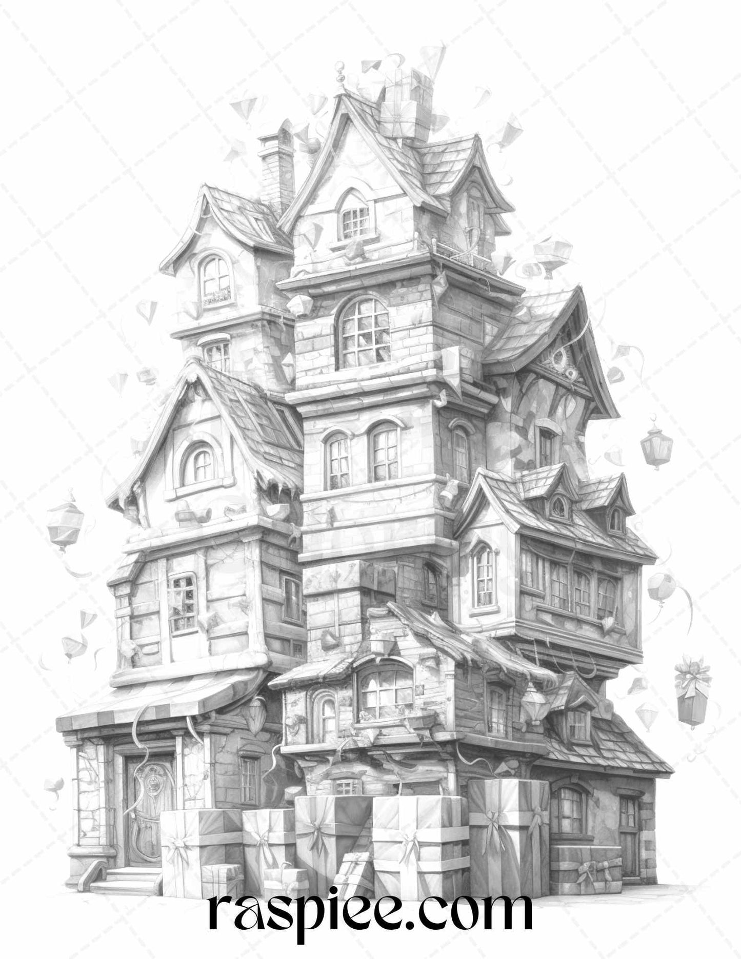 40 Adorable Gift Box Houses Grayscale Coloring Pages Printable for Adults Kids, PDF File Instant Download