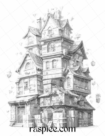 40 Adorable Gift Box Houses Grayscale Coloring Pages Printable for Adults Kids, PDF File Instant Download