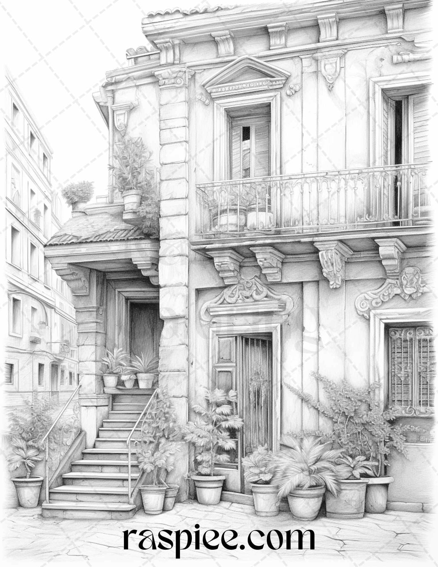 Roman Architecture Grayscale Coloring Pages Printable for Adults, PDF File Instant Download