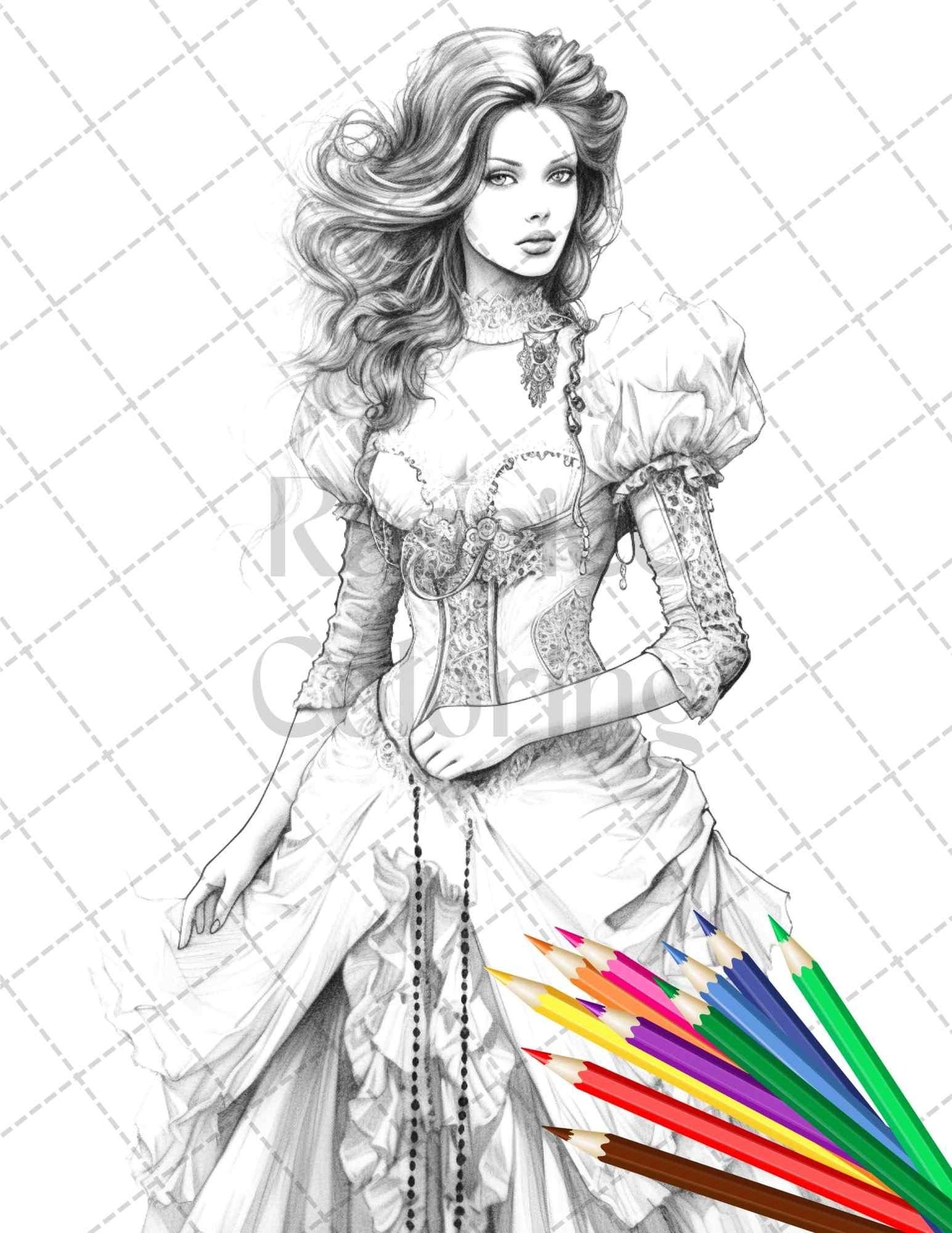 50 Victorian Fashion Grayscale Coloring Pages Printable for Adults, PDF File Instant Download