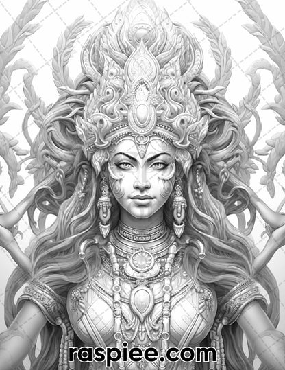 52 Mythology Gods Grayscale Coloring Pages for Adults, Printable PDF Instant Download