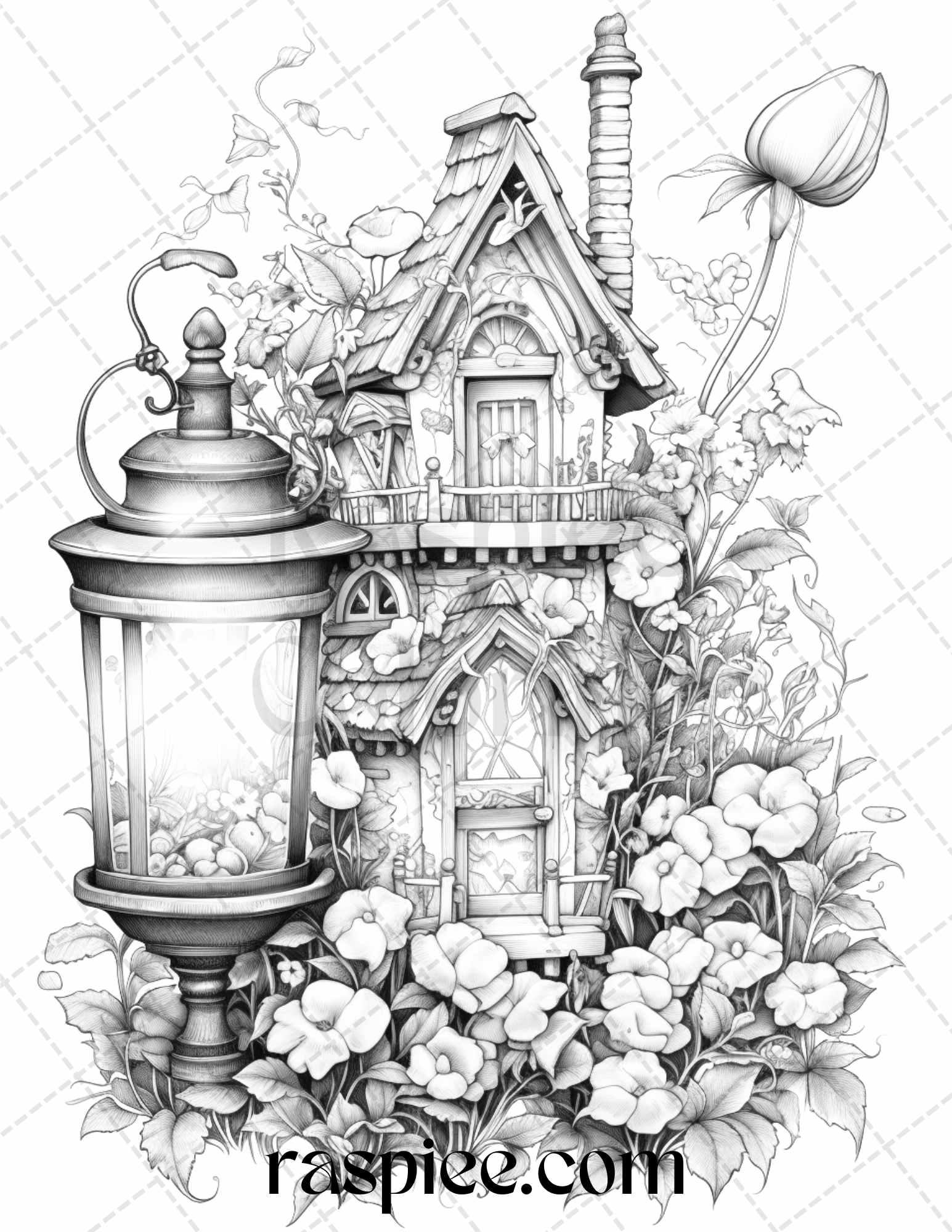 50 Lantern Fairy Houses Grayscale Coloring Pages Printable for Adults, PDF File Instant Download