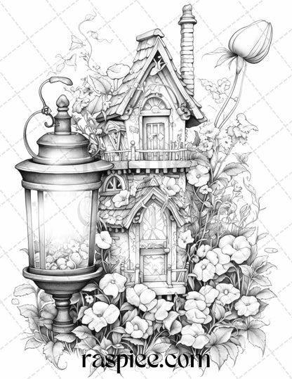 50 Lantern Fairy Houses Grayscale Coloring Pages Printable for Adults, PDF File Instant Download