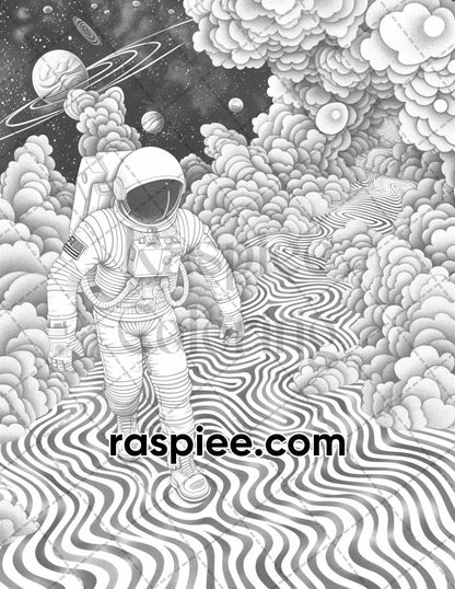 65 Fantasy Astronaut Grayscale Adult Coloring Pages, Printable PDF Instant Download