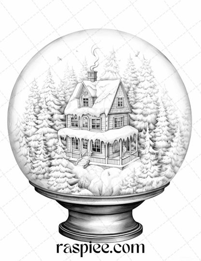 Cozy Cabin in Snow Globe Grayscale Coloring Pages Printable for Adults, PDF File Instant Download