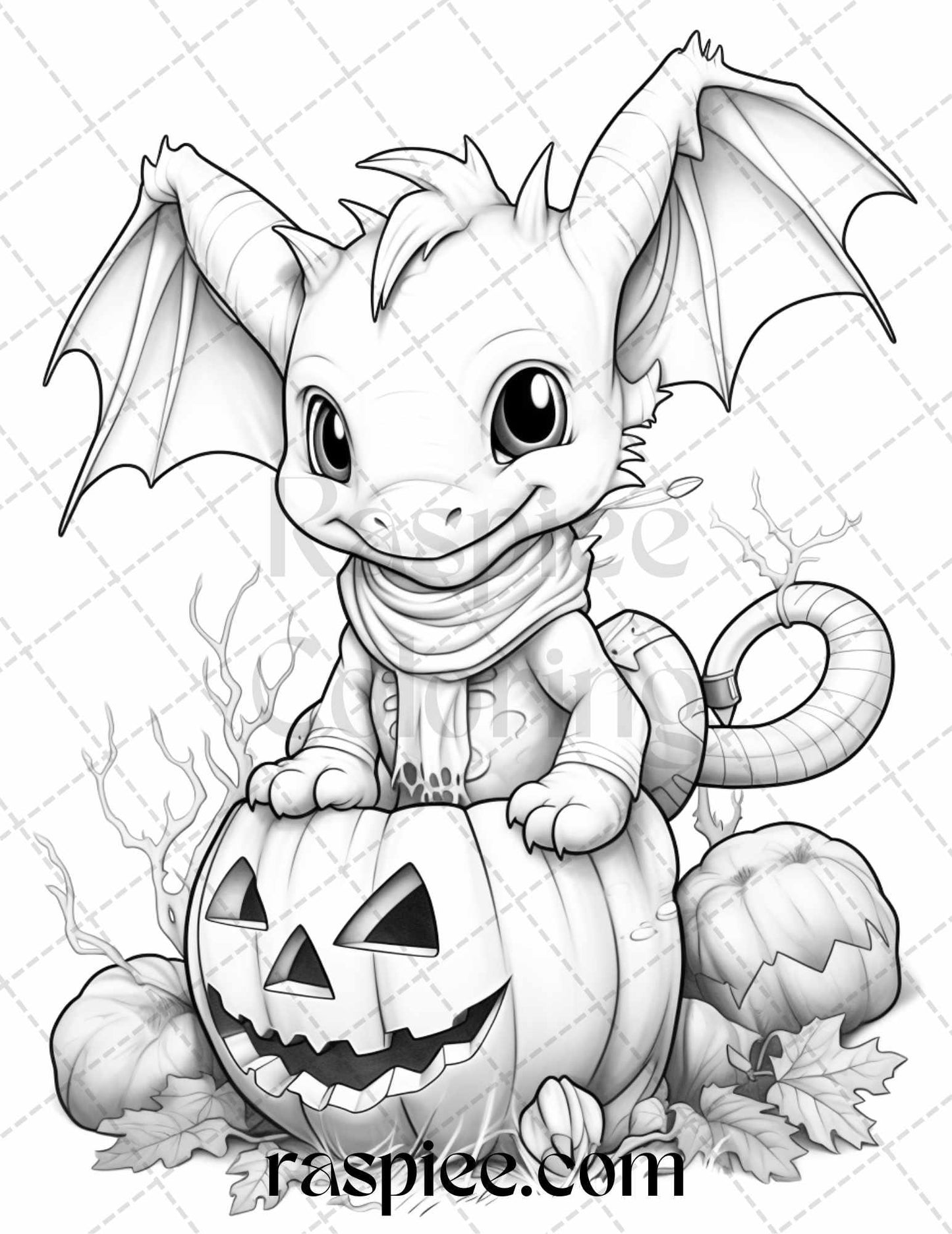 50 Cute Pumpkin Dragons Graycale Coloring Pages for Adults and Kids, Printable PDF File Instant Download