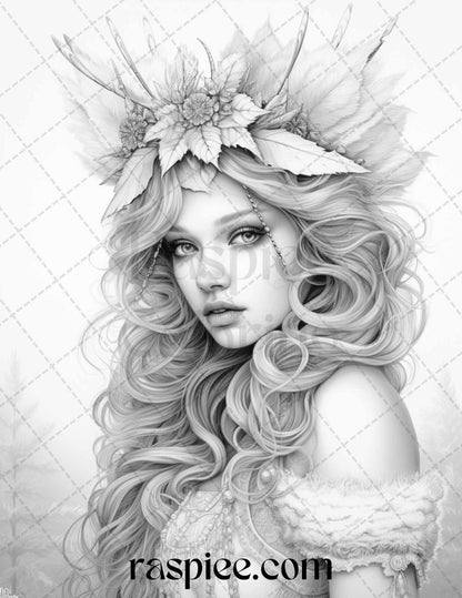50 Winter Fairy Grayscale Coloring Pages Printable for Adults, PDF File Instant Download
