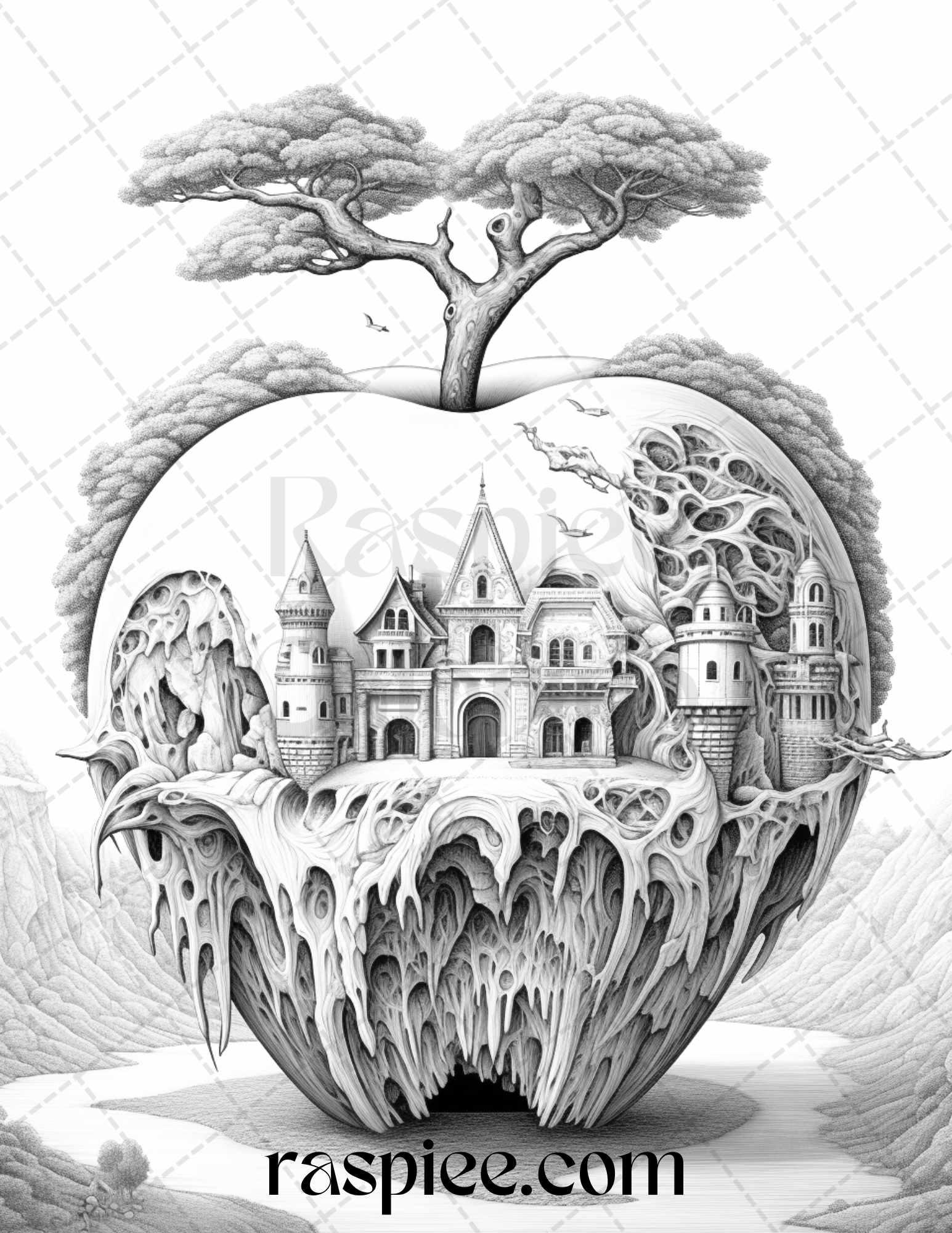60 Miniworld in the Apple Grayscale Coloring Pages Printable for Adults, PDF File Instant Download