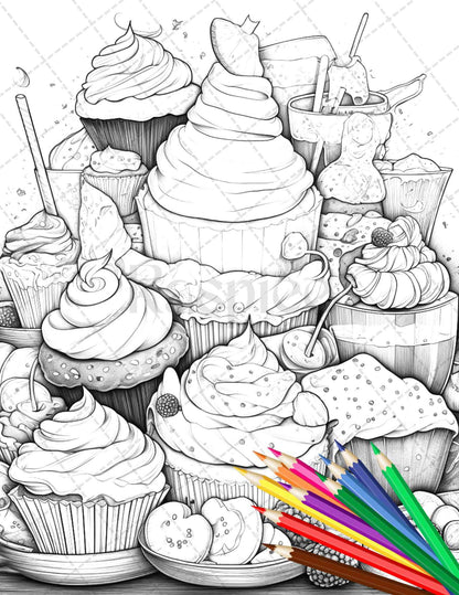 36 Sweet Desserts Coloring Pages Printable for Adults, Grayscale Coloring Page, PDF File Instant Download