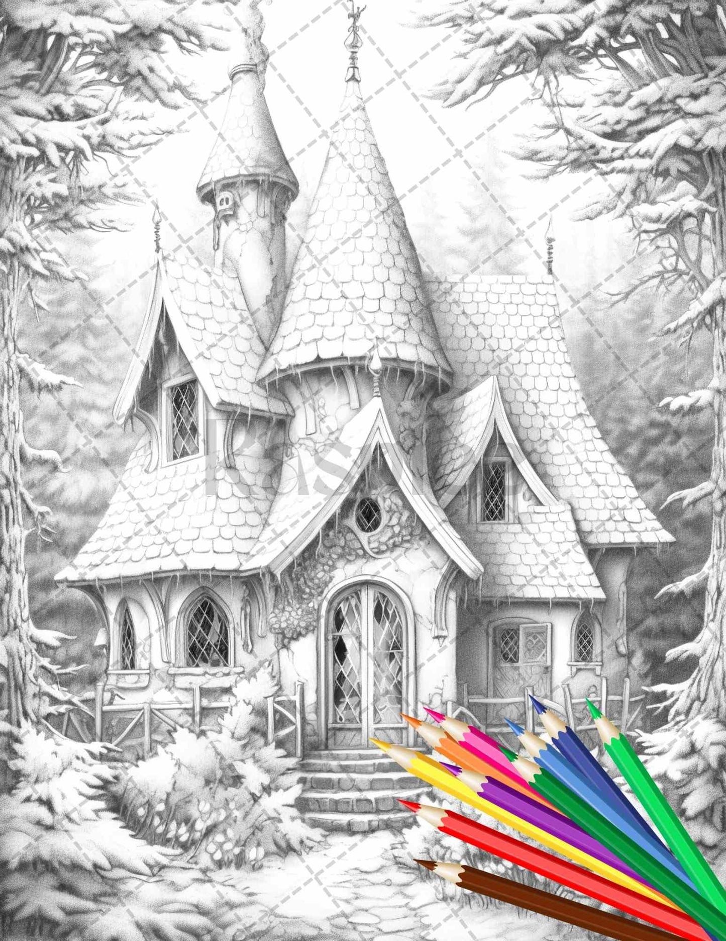 63 Winter Fairy Houses Grayscale Coloring Pages Printable for Adults, PDF File Instant Download