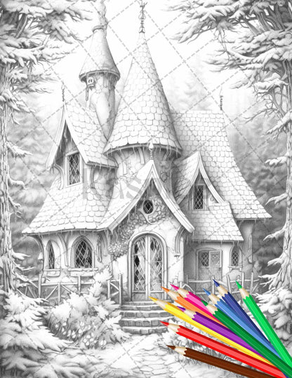 63 Winter Fairy Houses Grayscale Coloring Pages Printable for Adults, PDF File Instant Download