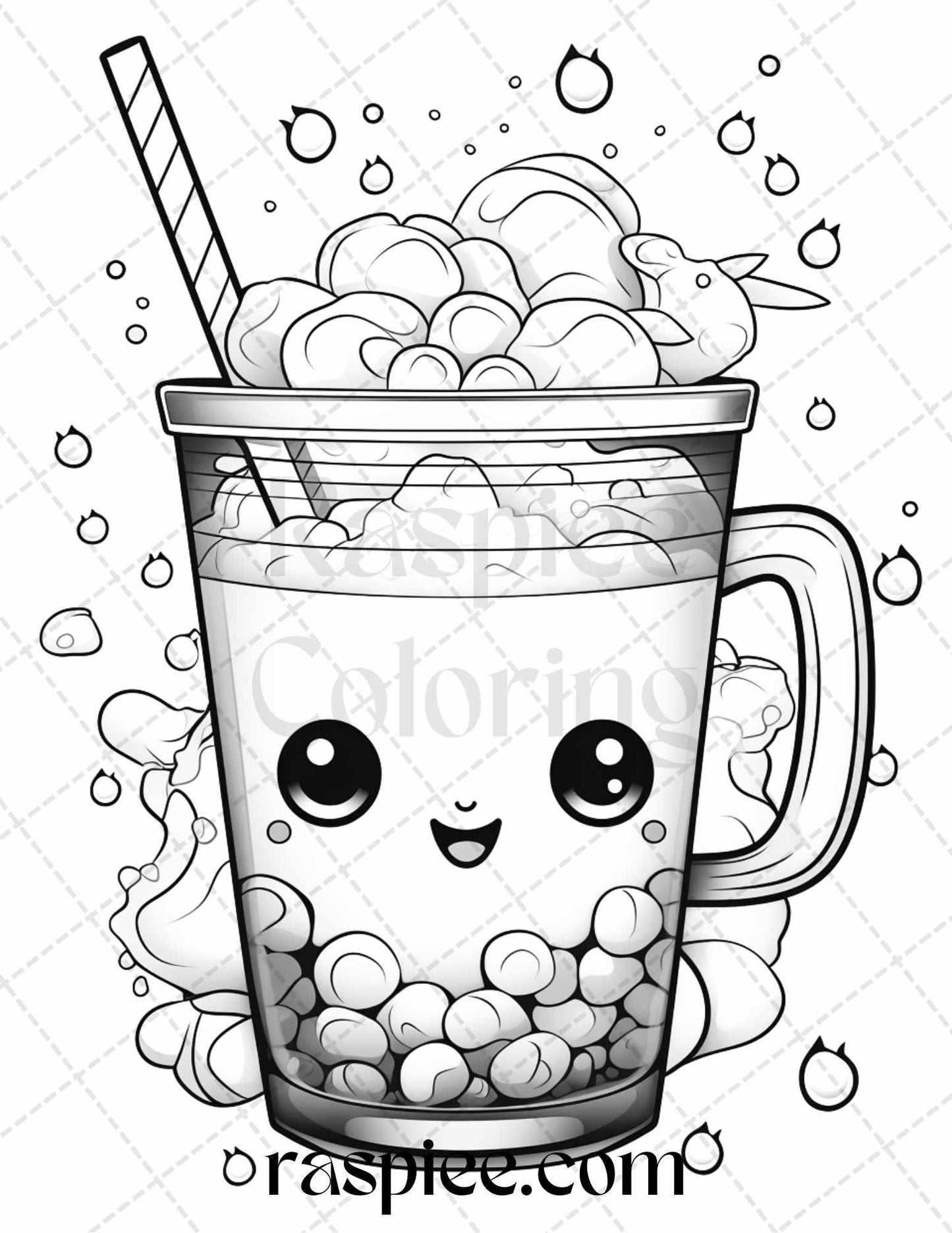 50 Cute Kawaii Boba Tea Grayscale Coloring Pages for Adults and Kids, Printable PDF File Instant Download