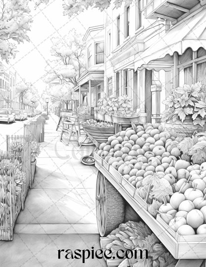Autumn Street Markets Grayscale Coloring Pages for Adults, Printable PDF File Instant Download