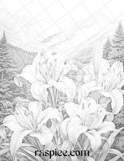 60 Mountain Flower Landscapes Grayscale Coloring Pages Printable for Adults, PDF File Instant Download