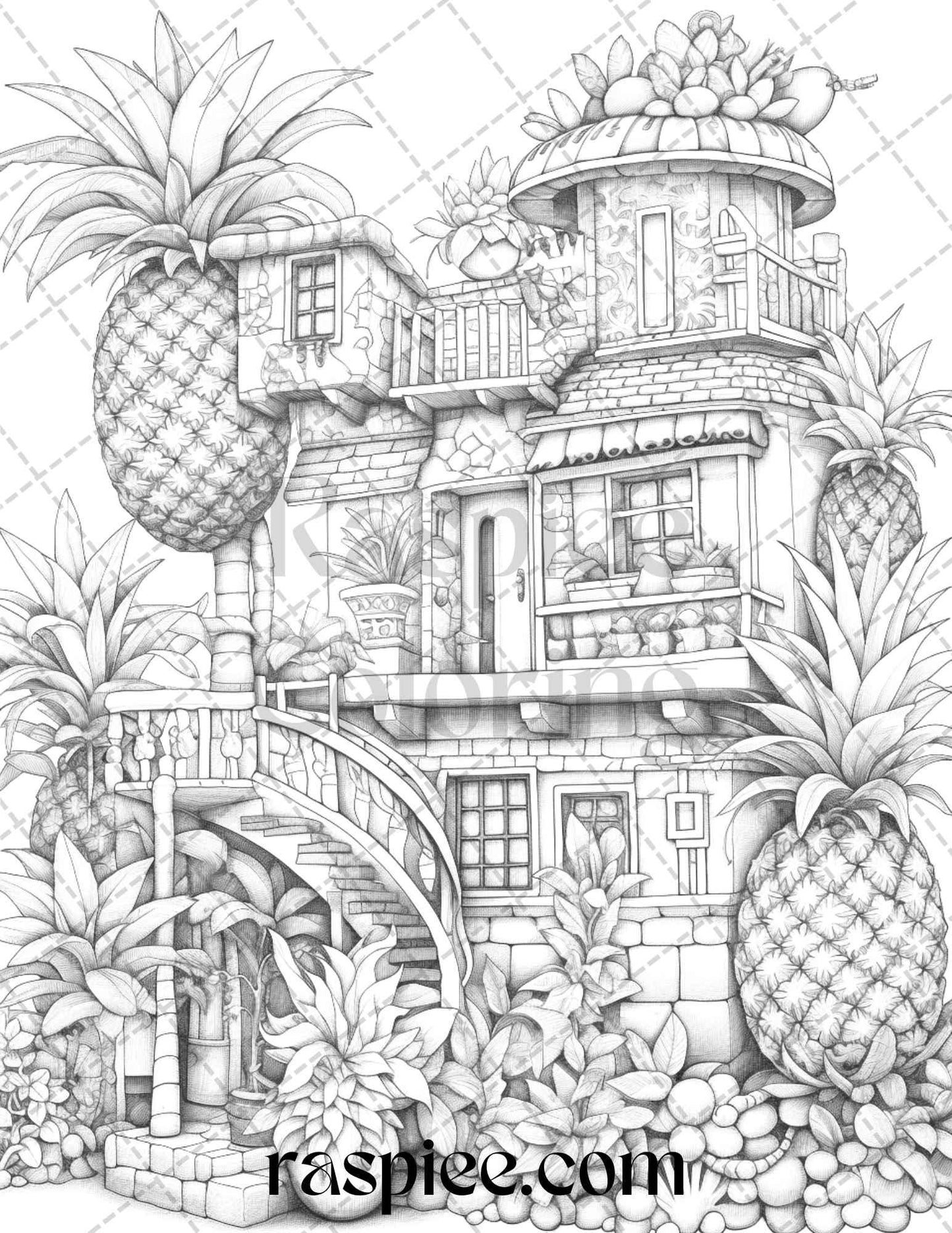 50 Pineapple Houses Grayscale Coloring Pages Printable for Adults, PDF File Instant Download
