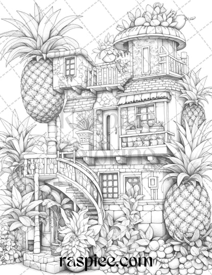 50 Pineapple Houses Grayscale Coloring Pages Printable for Adults, PDF File Instant Download