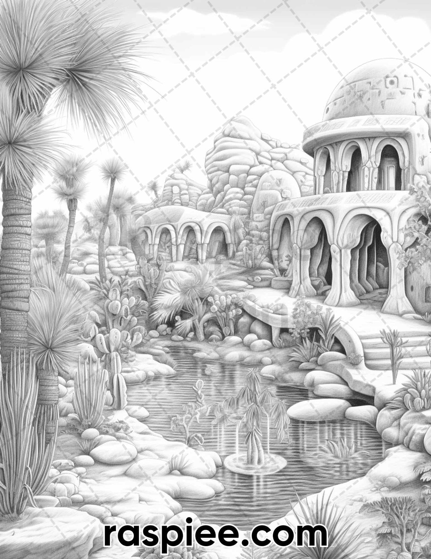 55 Desert Oasis Fairy Homes Grayscale Coloring Pages for Adults, Printable PDF Instant Download