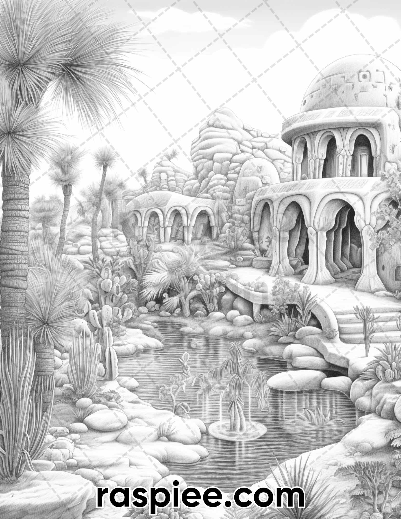 55 Desert Oasis Fairy Homes Grayscale Coloring Pages for Adults, Printable PDF Instant Download