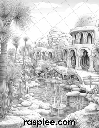 55 Desert Oasis Fairy Homes Grayscale Coloring Pages for Adults, Printable PDF Instant Download