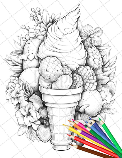 52 Printable Ice Cream Desserts Coloring Pages for Adults and Kids, Grayscale Coloring Page, PDF File Instant Download