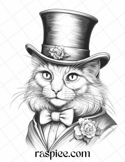 Gentleman Cat Grayscale Coloring Pages Printable for Adults Kids, PDF File Instant Download