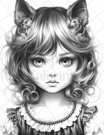 60 Adorable Gothic Girls Grayscale Coloring Pages Printable for Adults, PDF File Instant Download