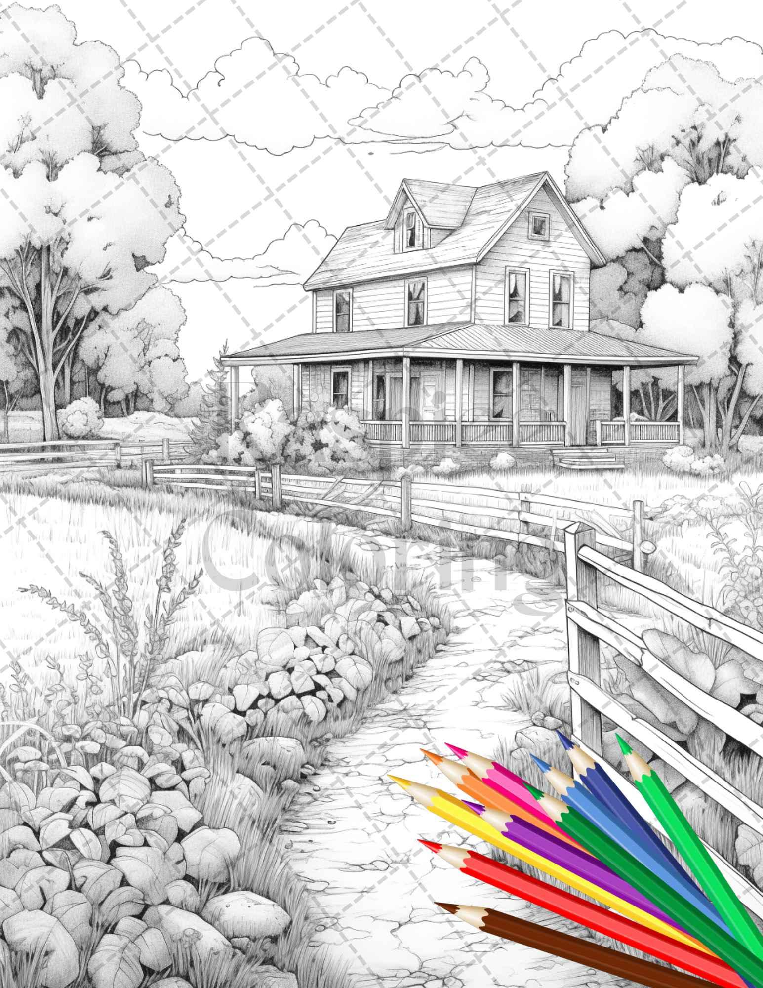 Charming Farmhouse Scenery Grayscale Coloring Pages Printable for Adults, PDF File Instant Download