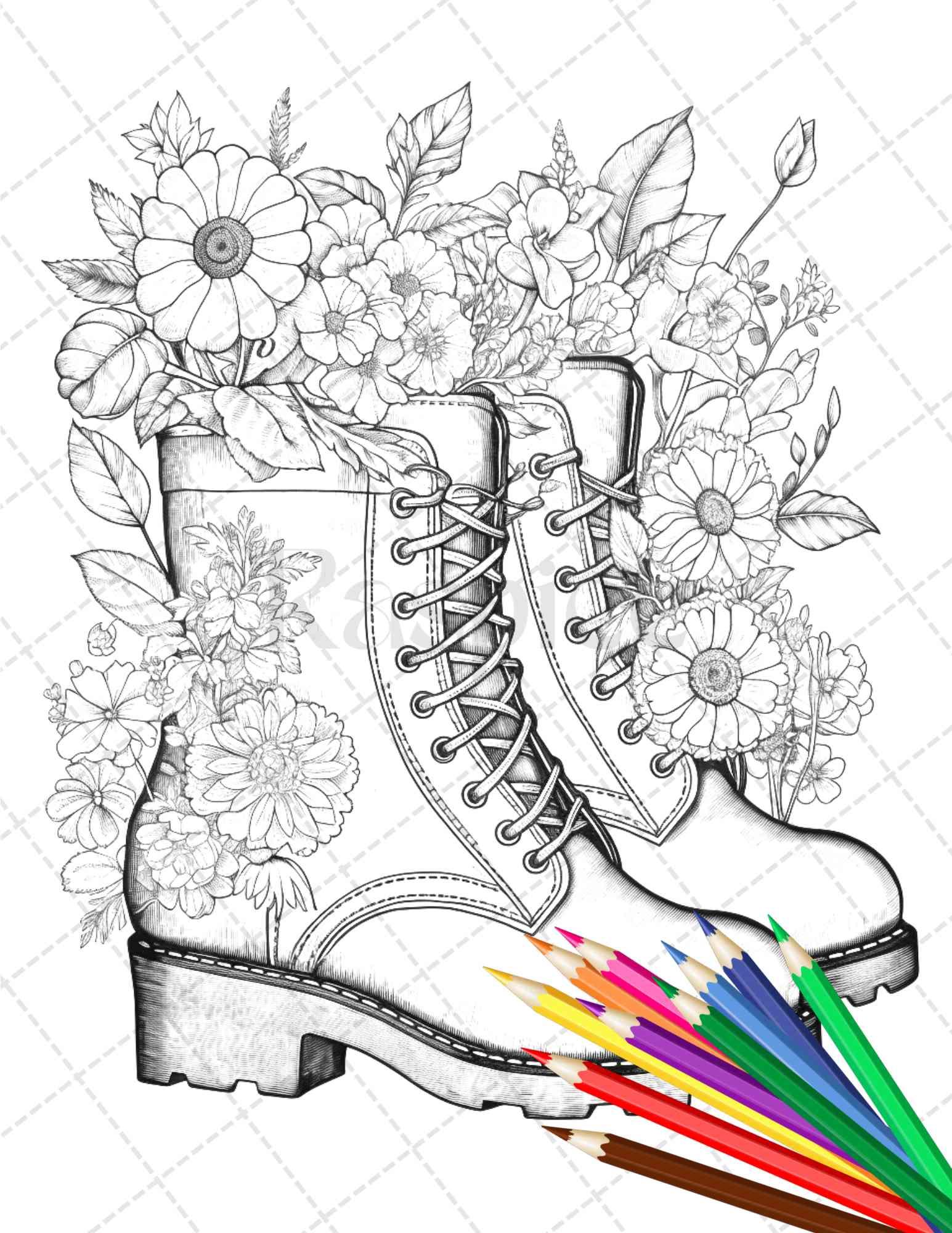 32 Flower Boots Coloring Pages Printable for Adults, Floral Grayscale Coloring Page, PDF File Instant Download