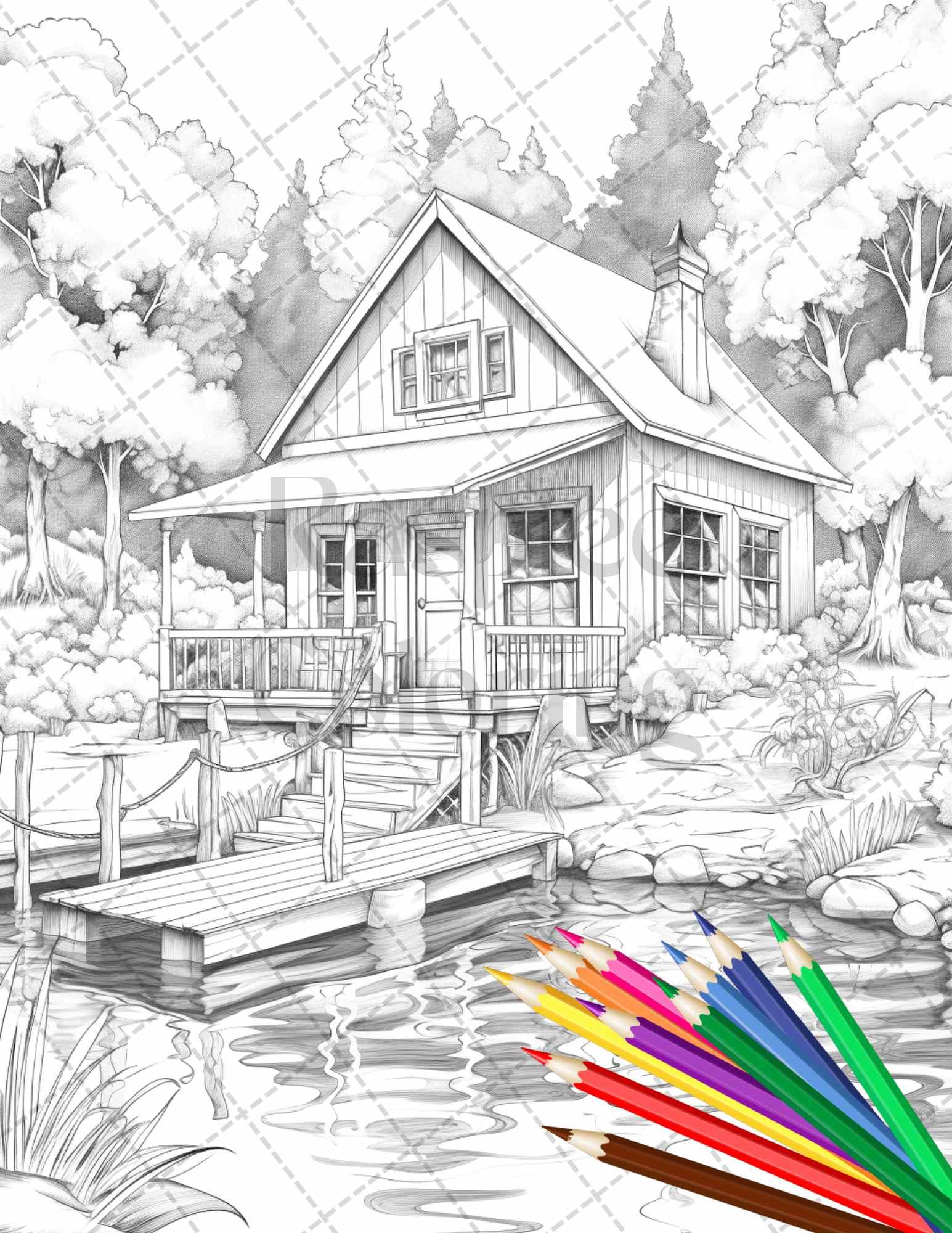 Lake Cabin Scenery Grayscale Coloring Pages Printable for Adults, PDF File Instant Download