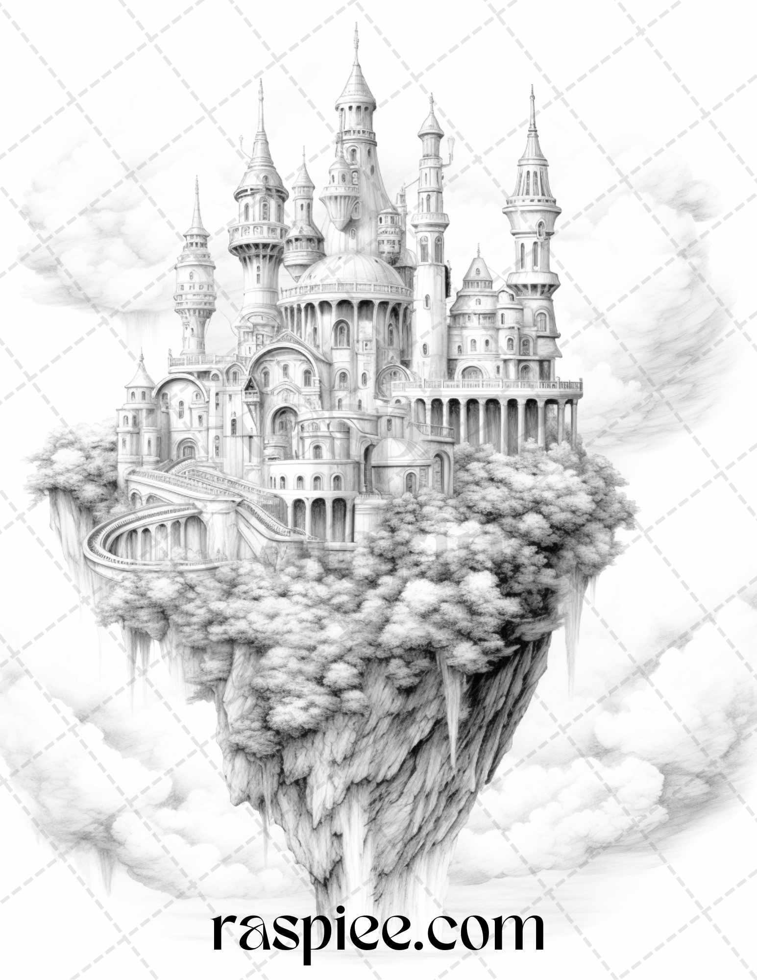 Floating Castle in the Sky Grayscale Coloring Pages for Adults, Printable PDF File Instant Download