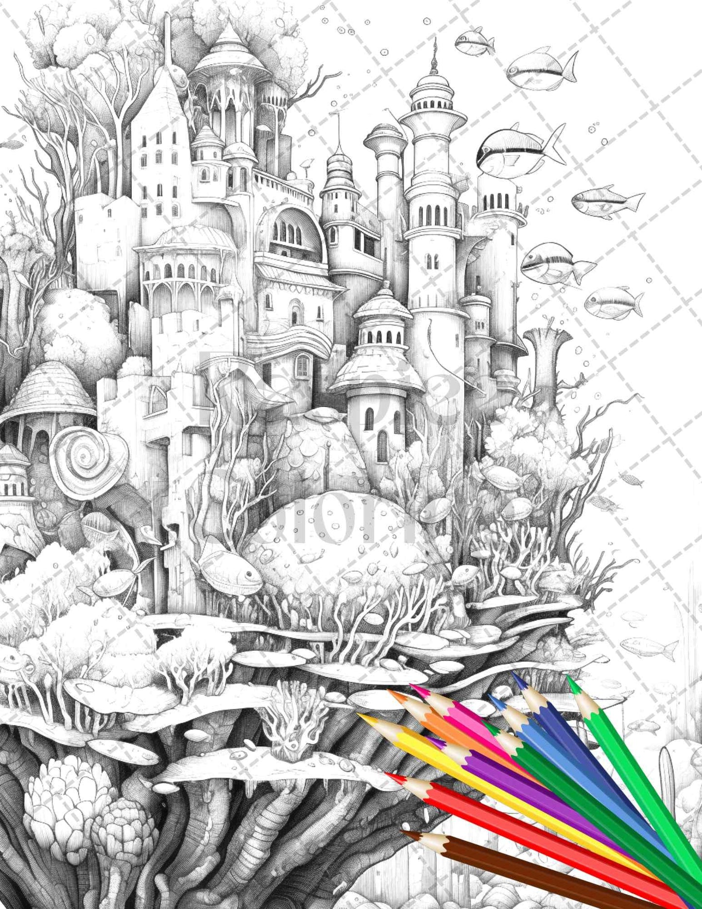 Enchanted Underwater City Grayscale Coloring Pages Printable for Adults, PDF File Instant Download