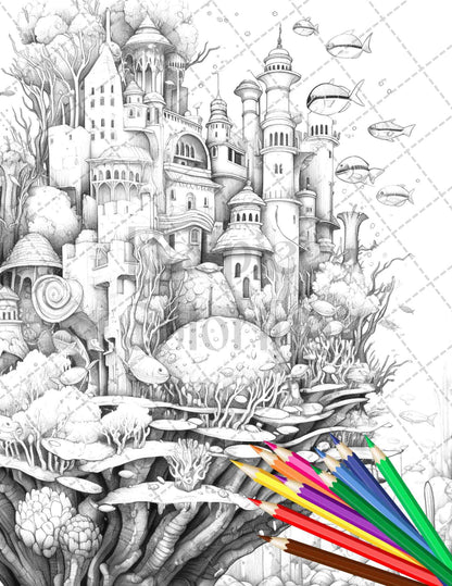 Enchanted Underwater City Grayscale Coloring Pages Printable for Adults, PDF File Instant Download
