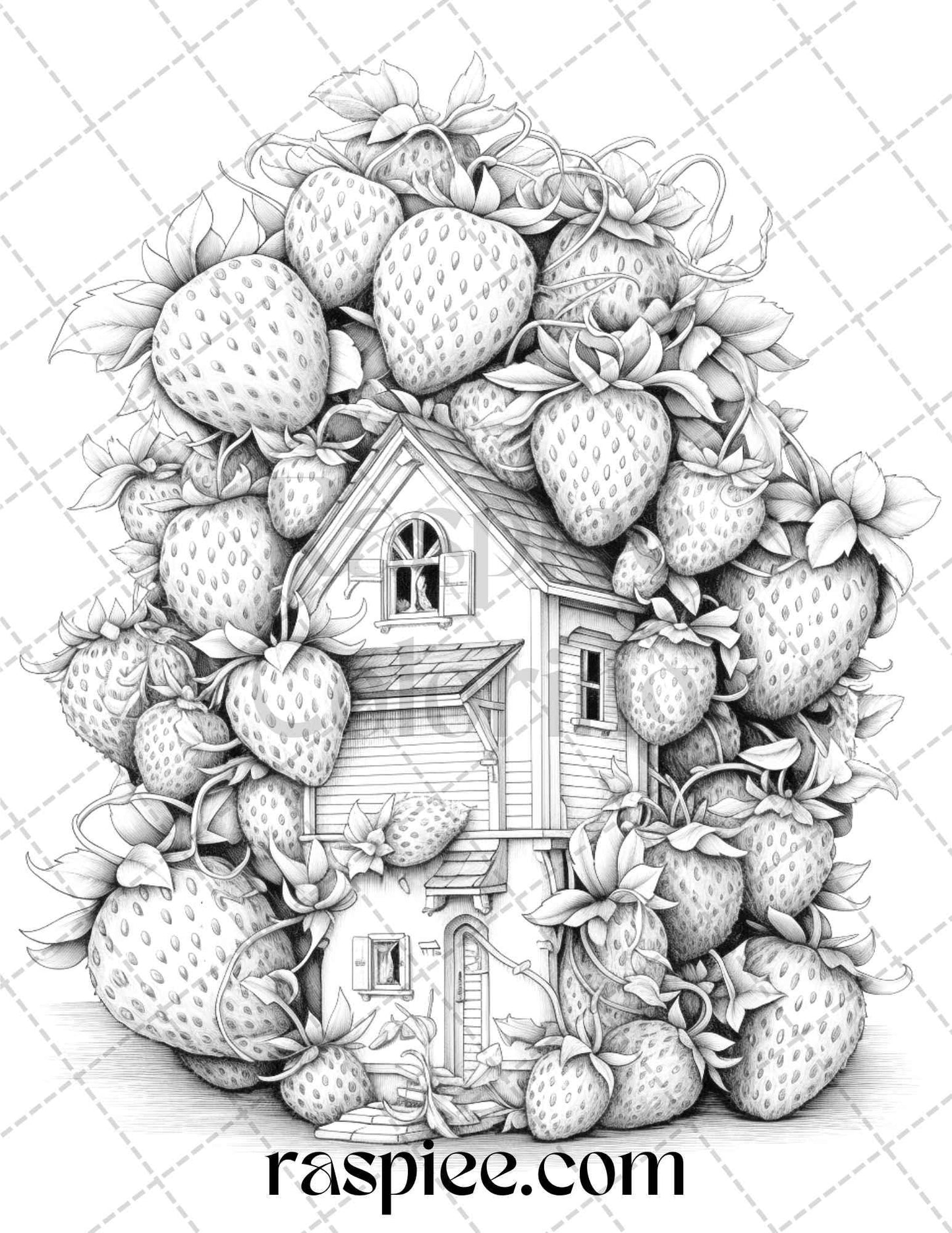 50 Strawberry Houses Grayscale Coloring Pages Printable for Adults Kids, PDF File Instant Download