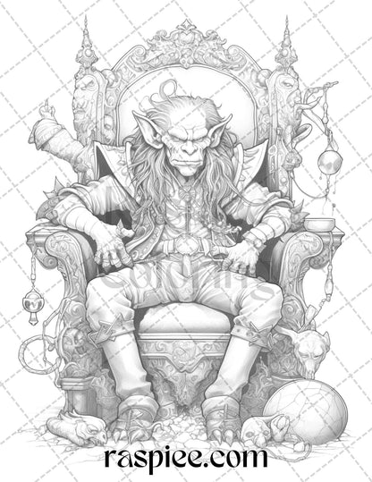 Fantasy Goblins Grayscale Coloring Pages Printable for Adults, PDF File Instant Download