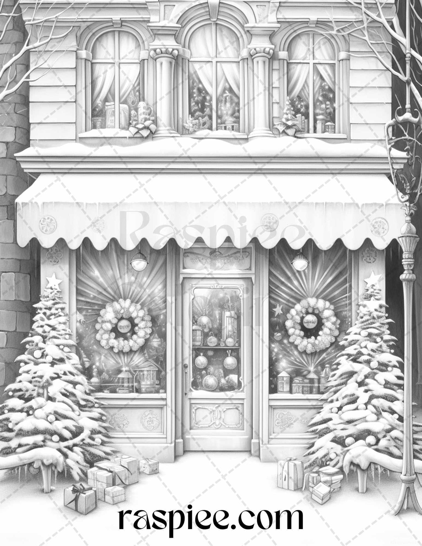 Christmas Store Front Grayscale Coloring Pages for Adults, PDF Printable Instant Download