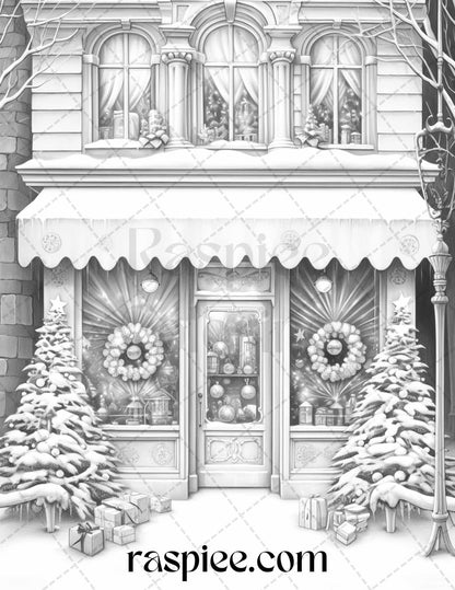 Christmas Store Front Grayscale Coloring Pages for Adults, PDF Printable Instant Download