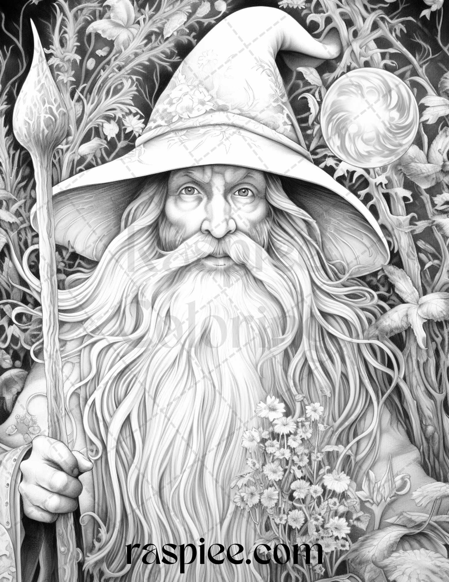 50 Magical Wizard Grayscale Coloring Pages for Adults, Printable PDF File Instant Download