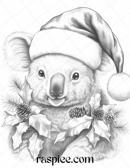 70 Christmas Animals Grayscale Coloring Pages Printable for Adults, PDF File Instant Download