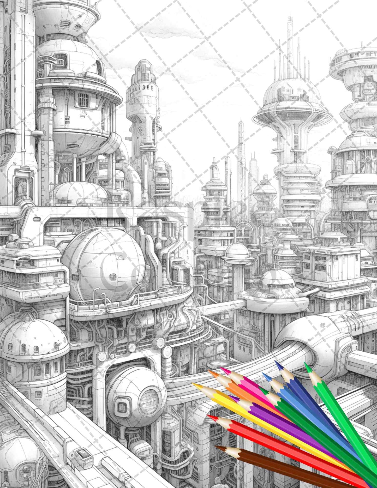 50 Futuristic Metropolis Grayscale Coloring Pages Printable for Adults, PDF File Instant Download