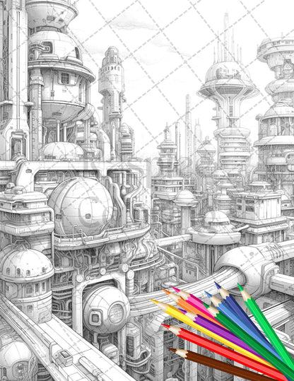 50 Futuristic Metropolis Grayscale Coloring Pages Printable for Adults, PDF File Instant Download
