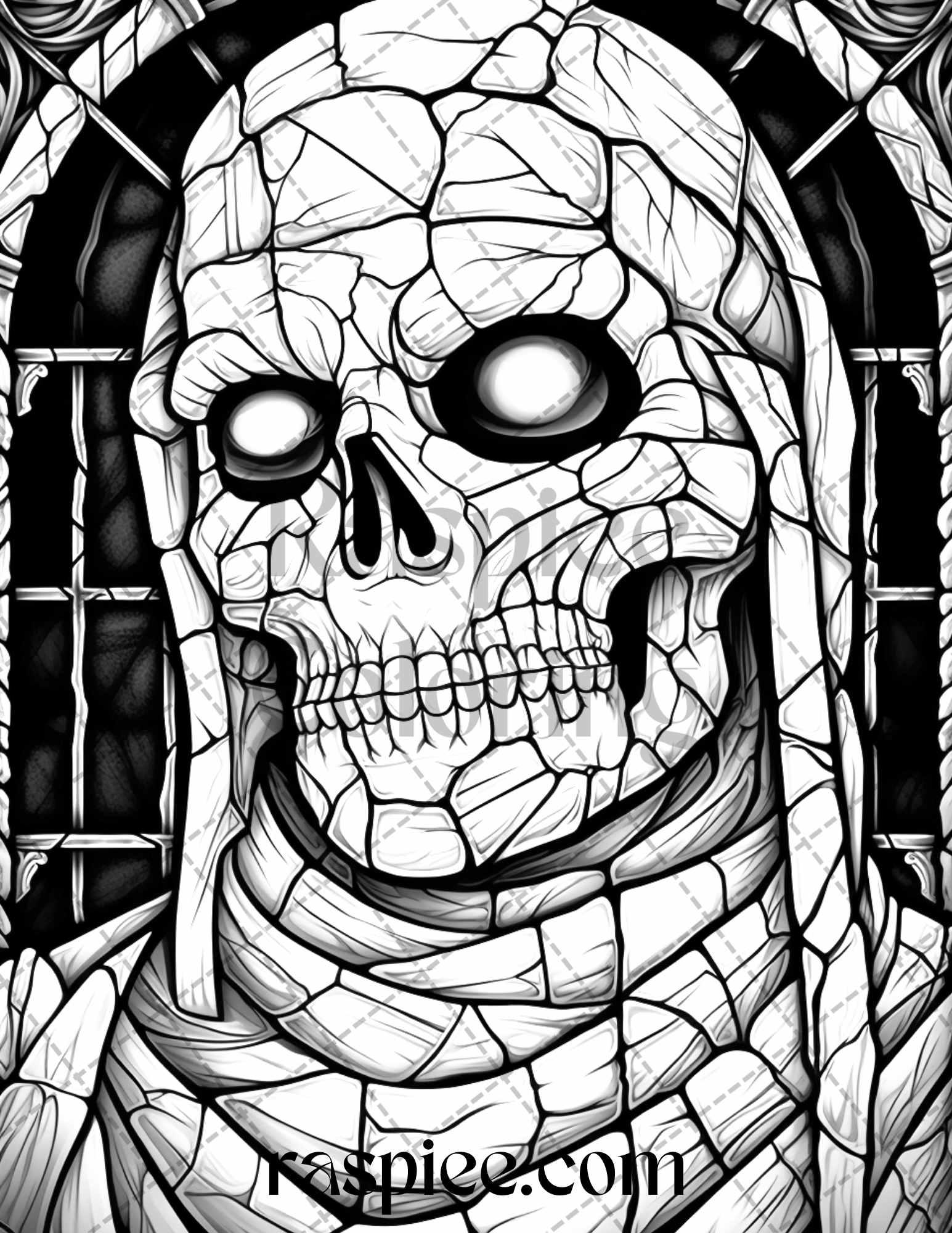70 Halloween Stained Glass Grayscale Coloring Pages Printable for Adults, PDF File Instant Download