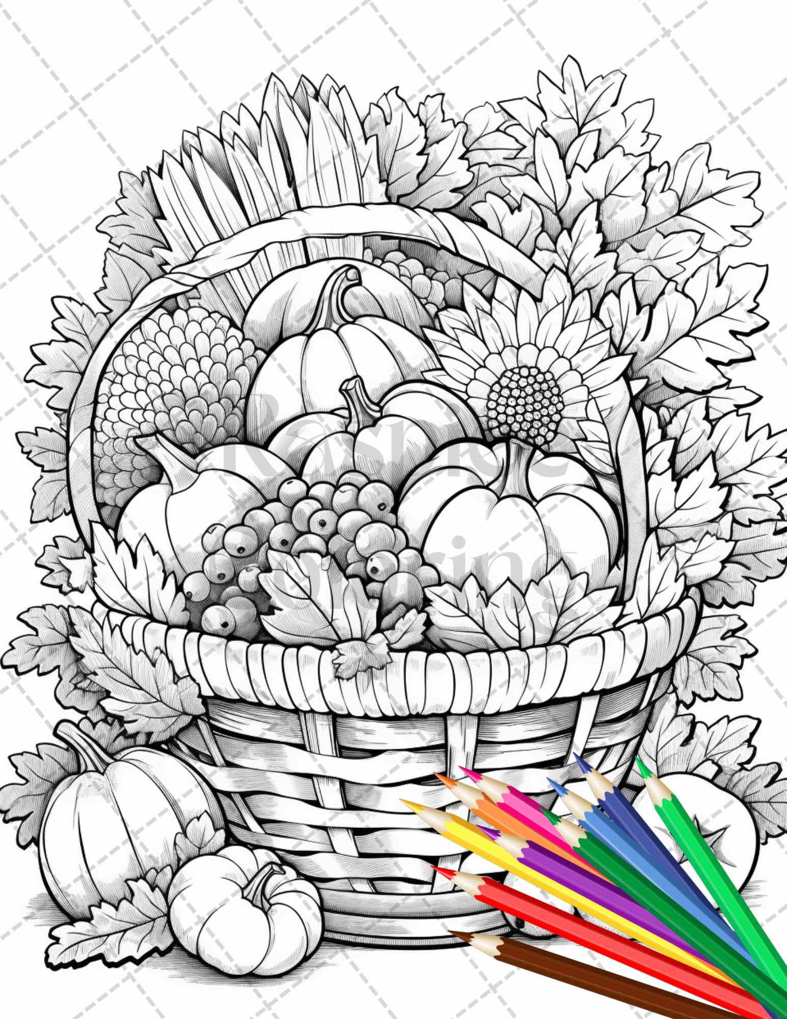 Autumn Harvest Grayscale Coloring Pages Printable for Adults, Relaxing Fall Themed Art, PDF File Instant Download