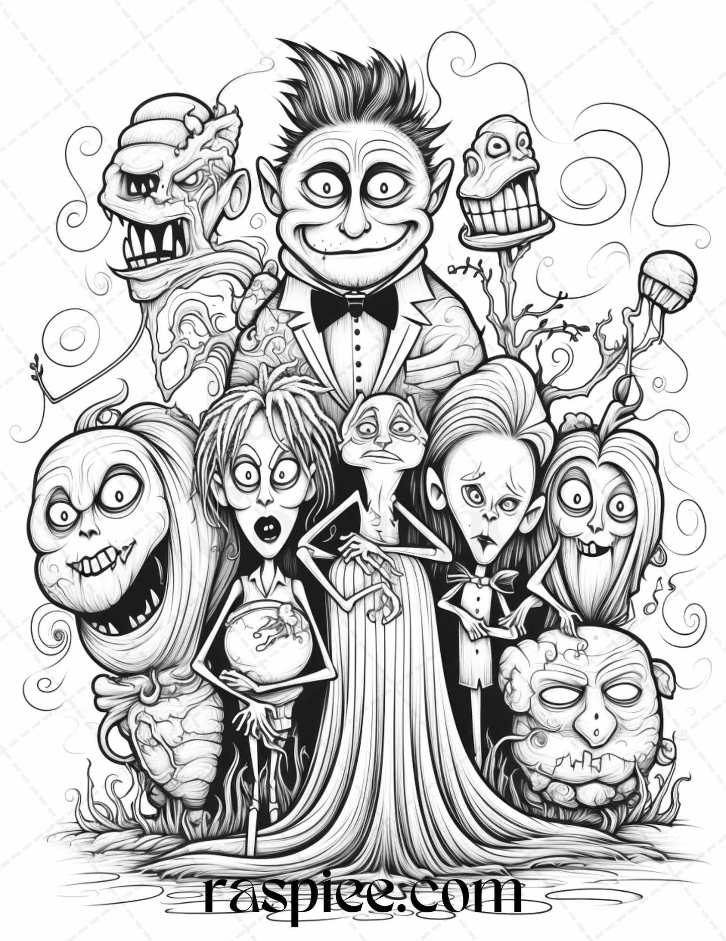 50 Monster Family Grayscale Coloring Pages Printable for Adults - Instant Download, Halloween Coloring Book, Fun and Spooky Designs