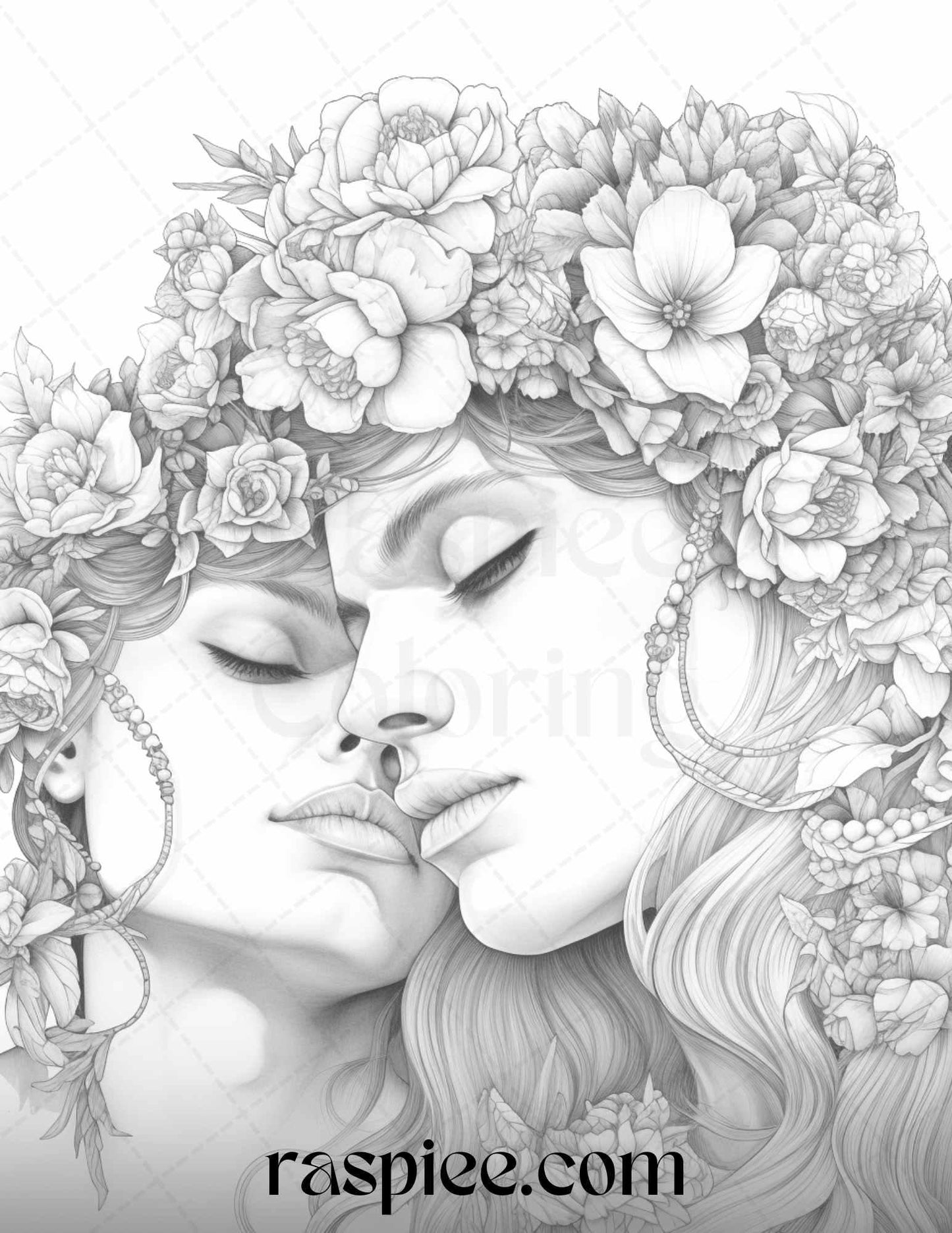 50 Romantic Couple Flowers Grayscale Coloring Pages Printable for Adults, PDF File Instant Download