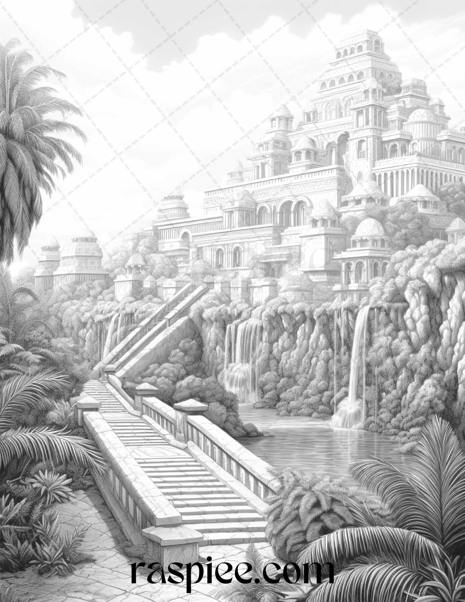 Hanging Gardens of Babylon Grayscale Coloring Pages Printable, PDF File Instant Download